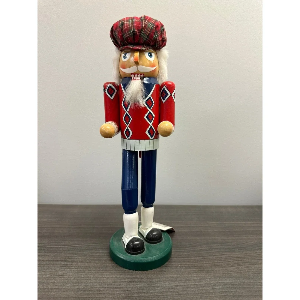 Golf Nutcracker Christmas Decor Wooden Golfer Plaid Hat Argyle Sweater Red Blue